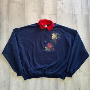 Vintage Jerzees cardinal bird quarter zip sweatshirt cottagecore twee